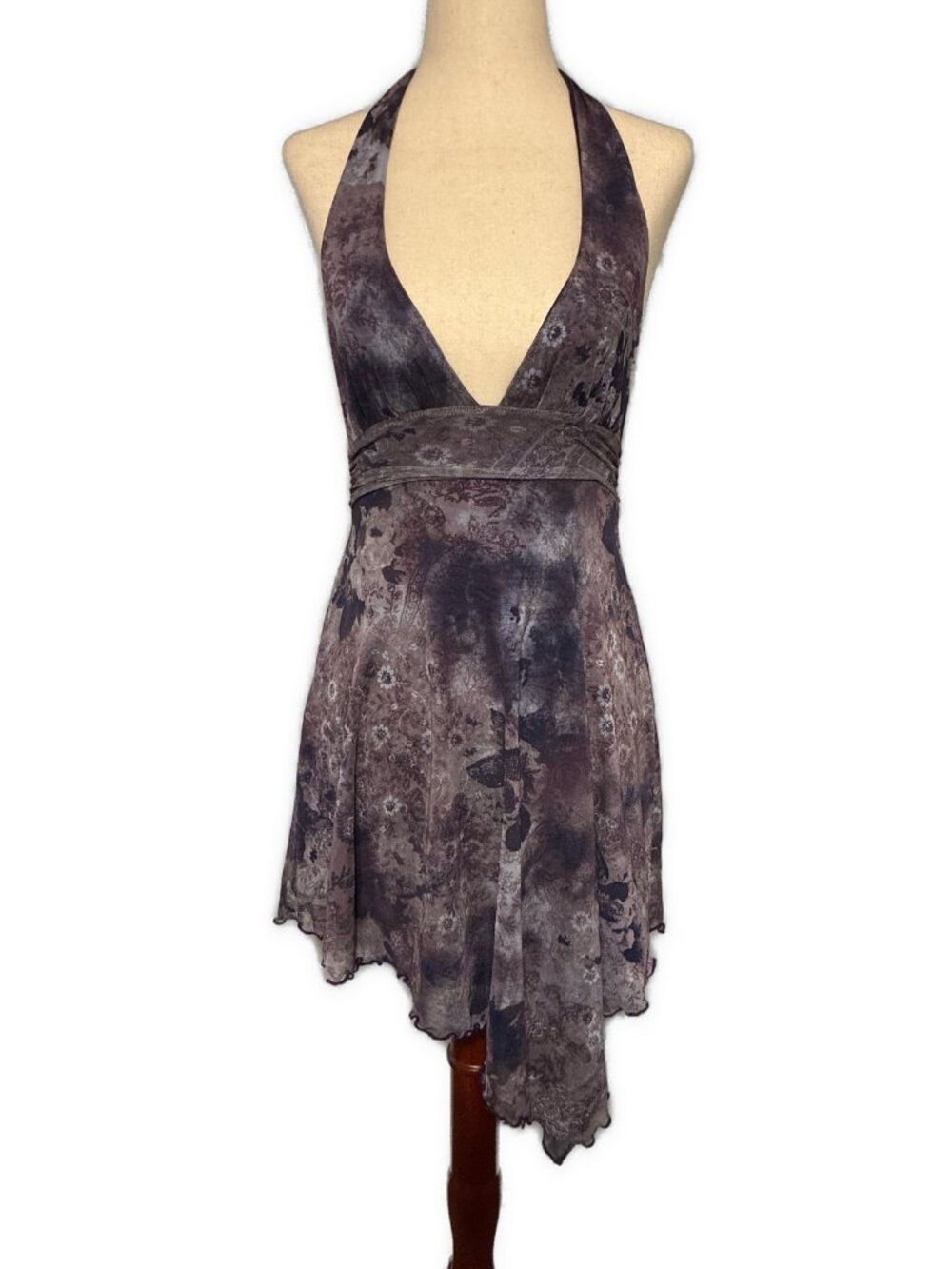 Urban Outfitters Purple Floral Halter Tunic Top Open Back Asymmetrical Y2K XS
